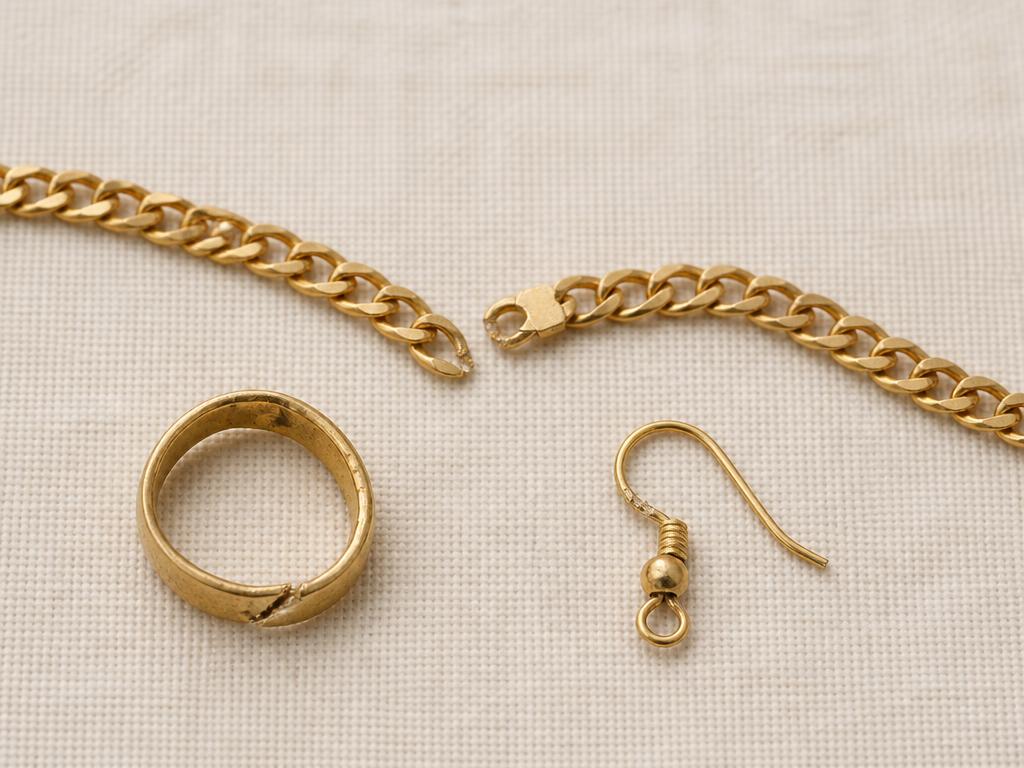 Snapped gold chain, cracked gold ring and broken earring on cream linen