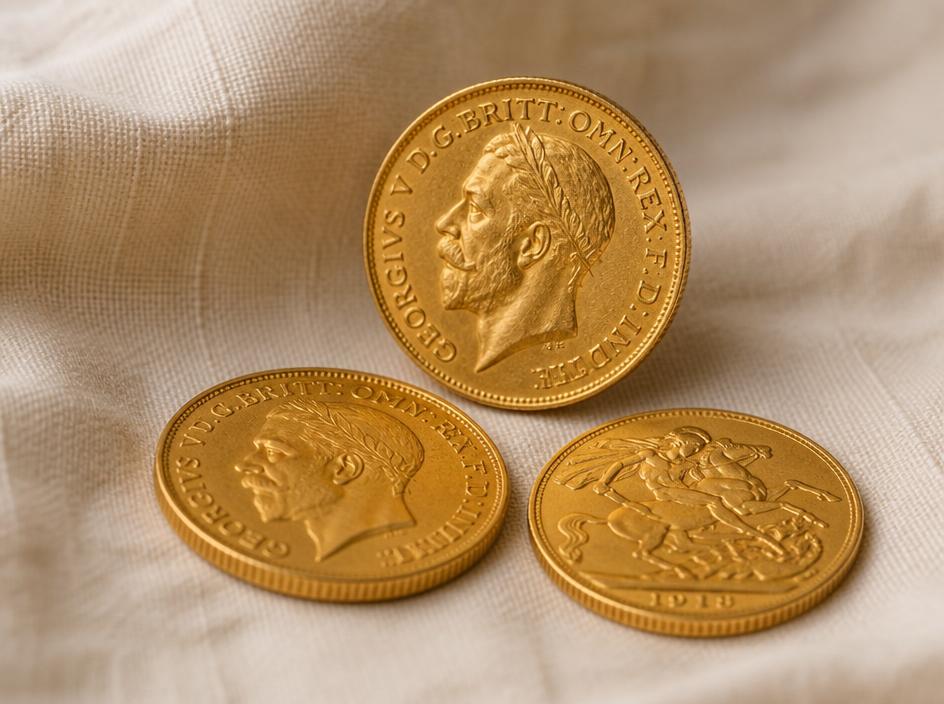 Three gold sovereign coins resting on cream linen