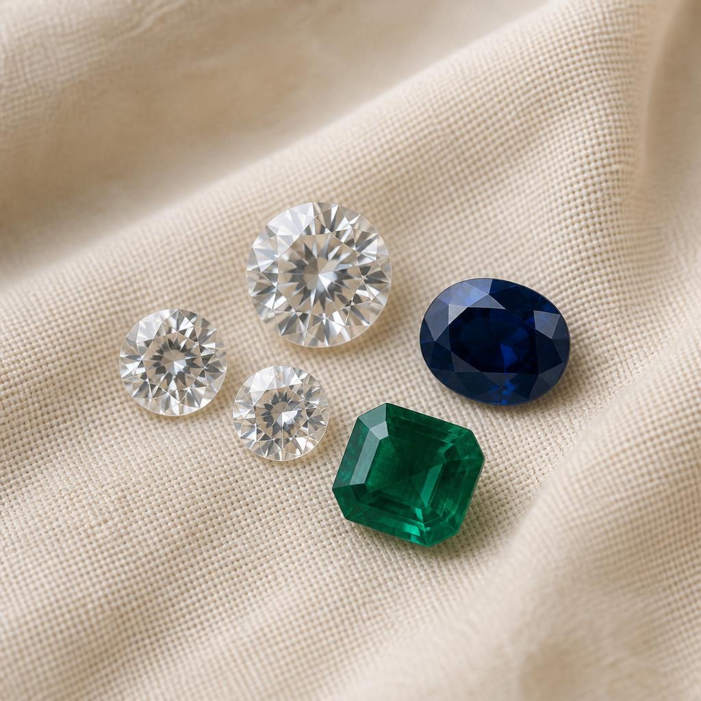Loose brilliant-cut diamonds with a sapphire and emerald on cream linen
