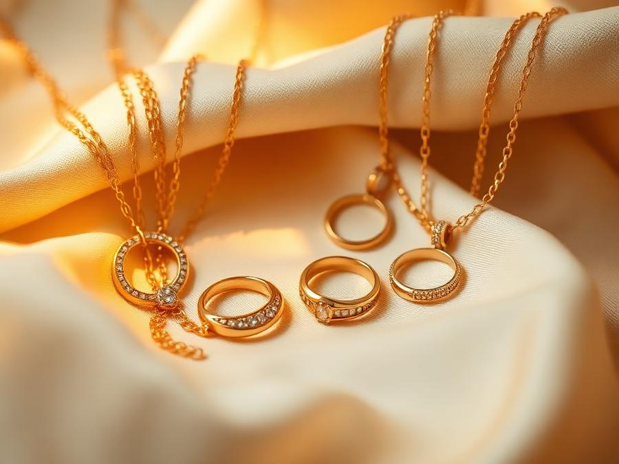Gold necklaces and rings on cream silk