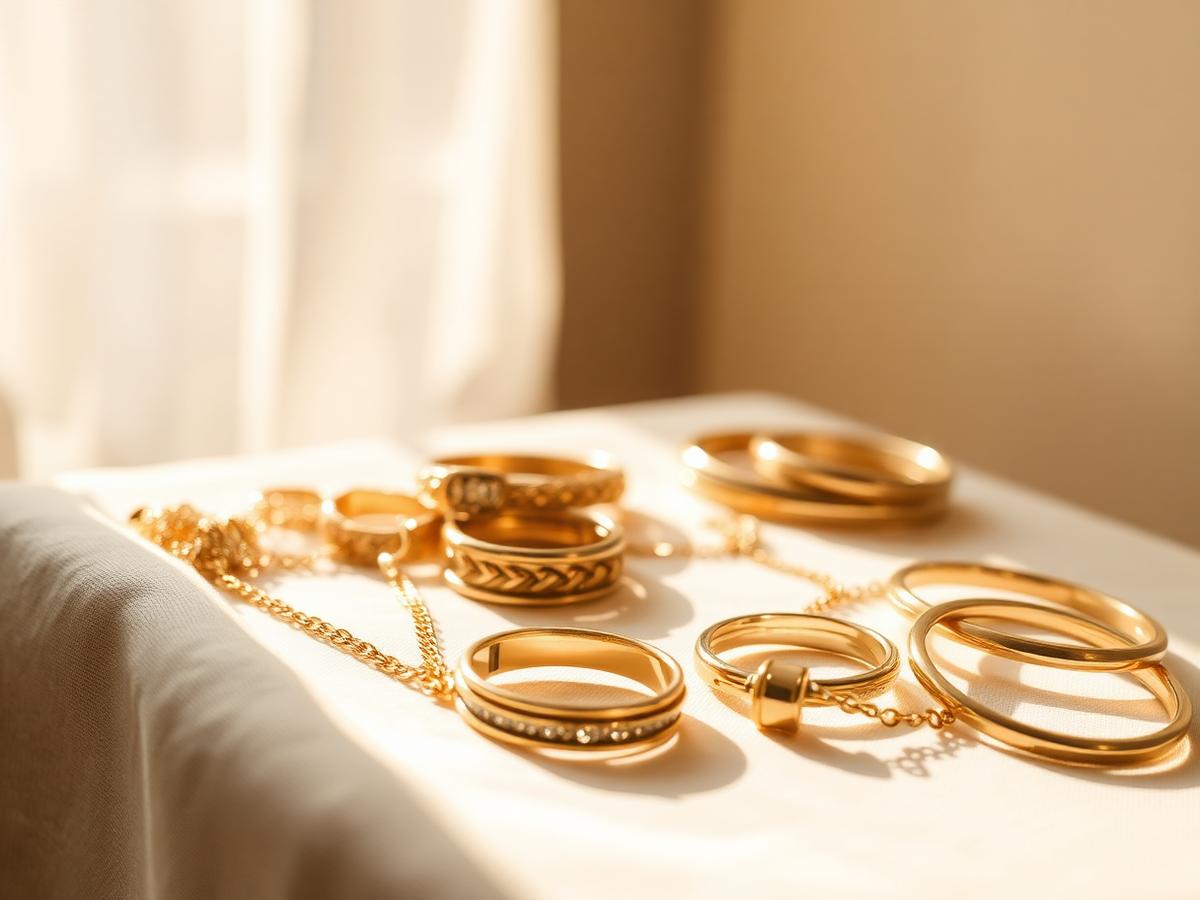 Gold rings and chains laid out on cream linen in warm afternoon light