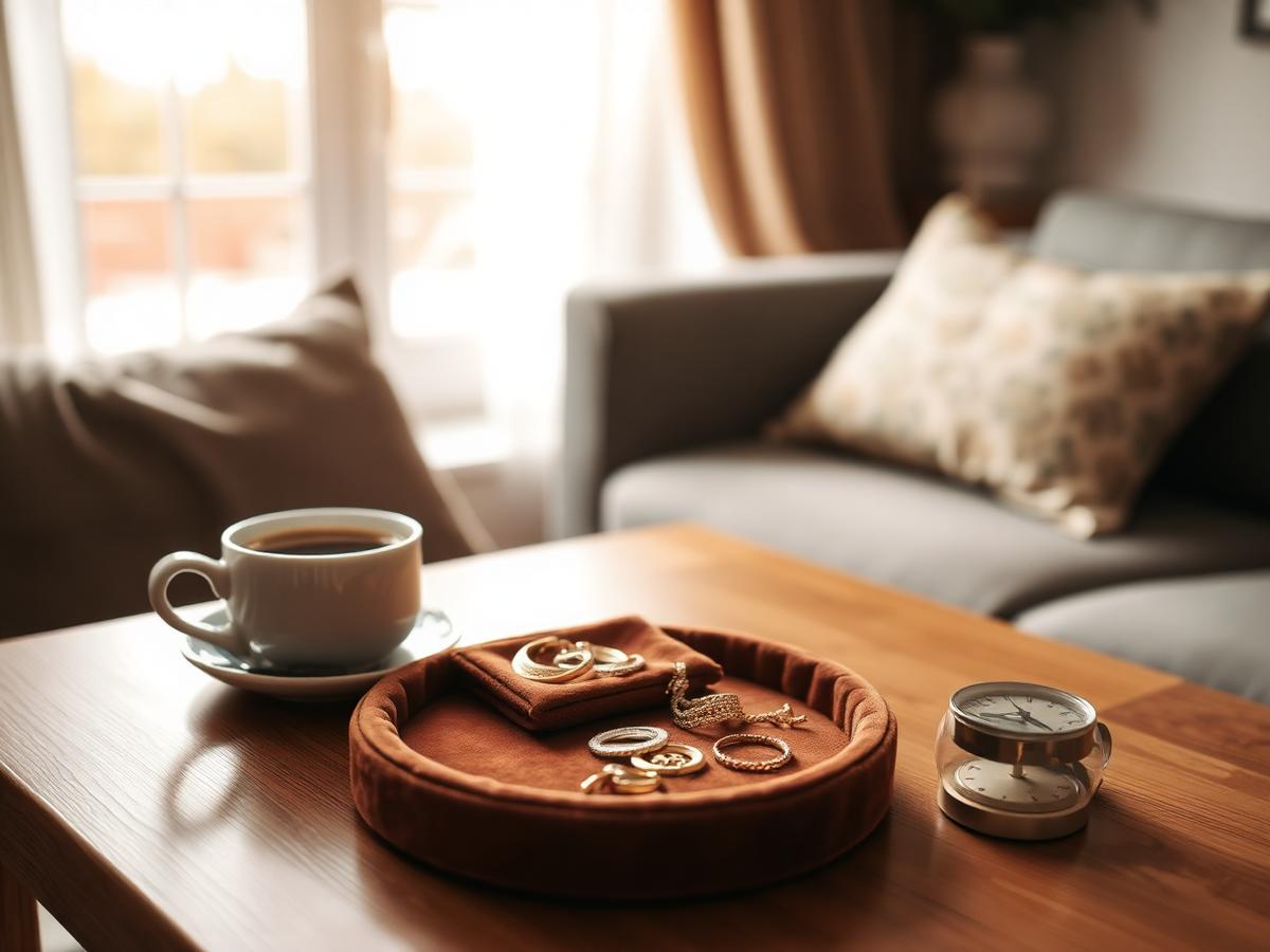 Cosy living room table with a cup of coffee and a tray of gold jewellery